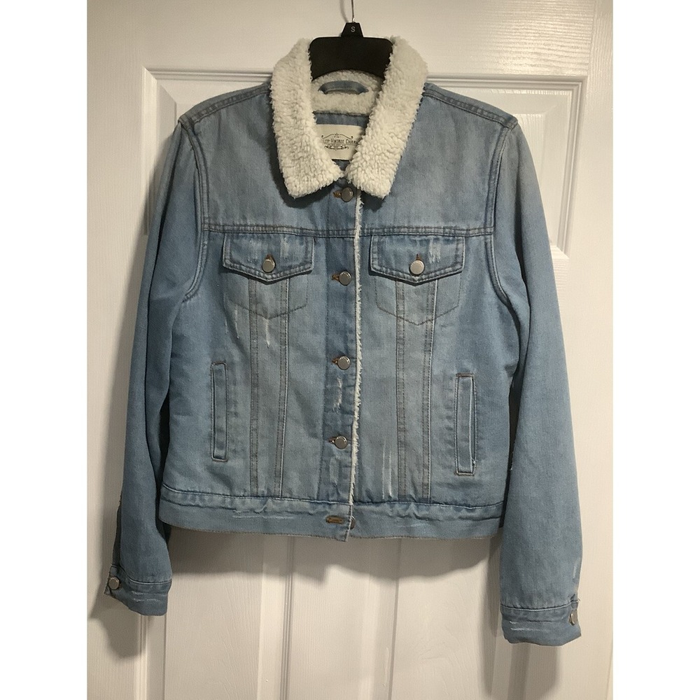 Ashley-Vintage Charm Women's Long Sleeve Sherpa Denim Jacket Blue Size Large